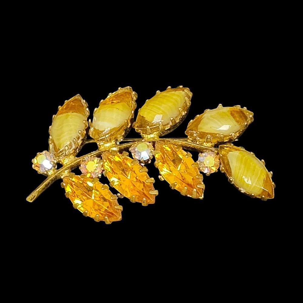 Vintage West Germany Amber Glass Rhinestone Cabochon Leaf Brooch Pin 50s 60s